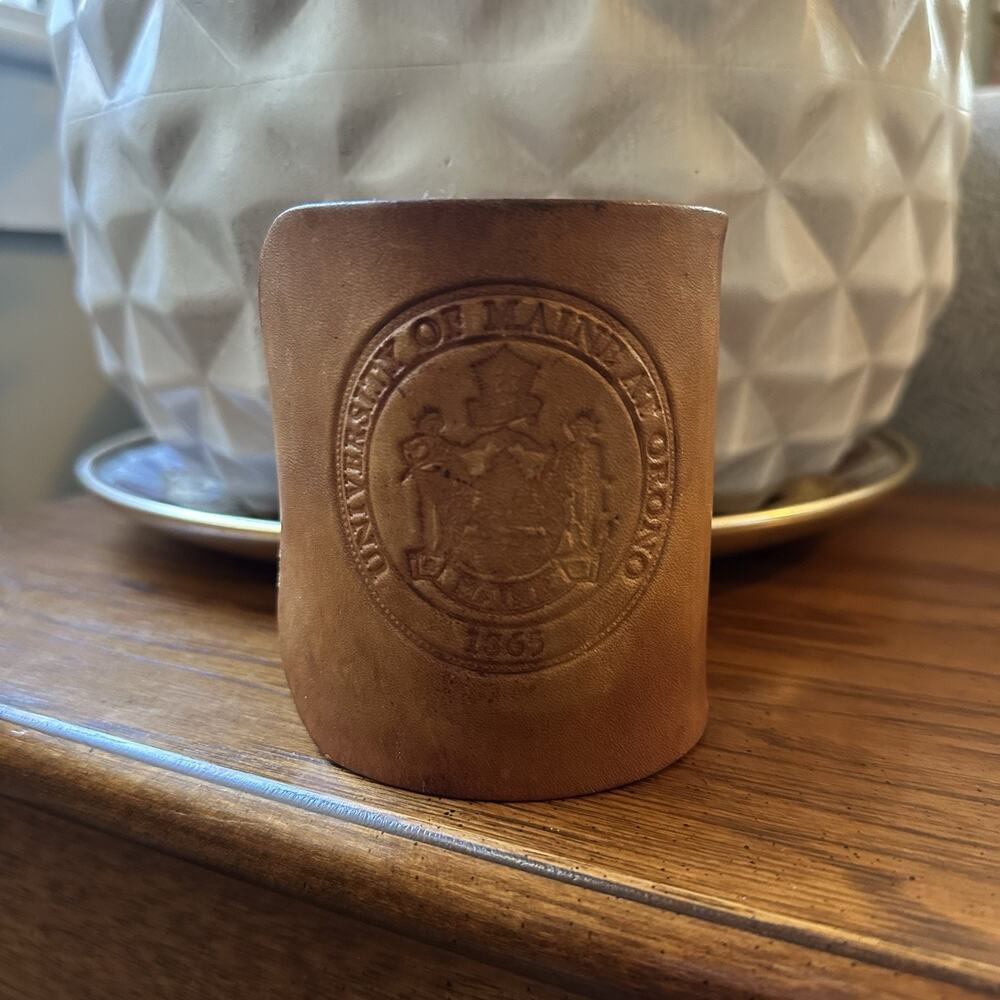 Vintage University of Maine Orono Leather Snap Glass Mug Cuff Engraved by Surtan